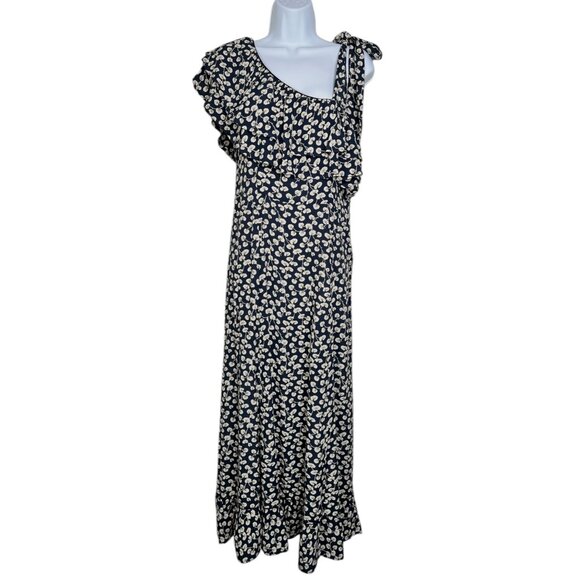 Ganni Roseburg Crepe Dress Maxi Tie Strap Total Eclipse Navy Leaf Print US 4 - Picture 9 of 16
